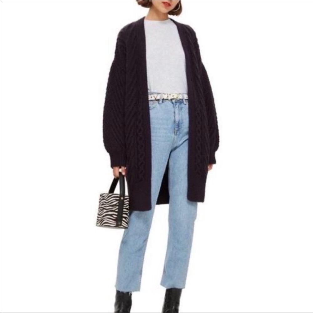Topshop Long Open Front Cardigan Navy Blue Sz 6